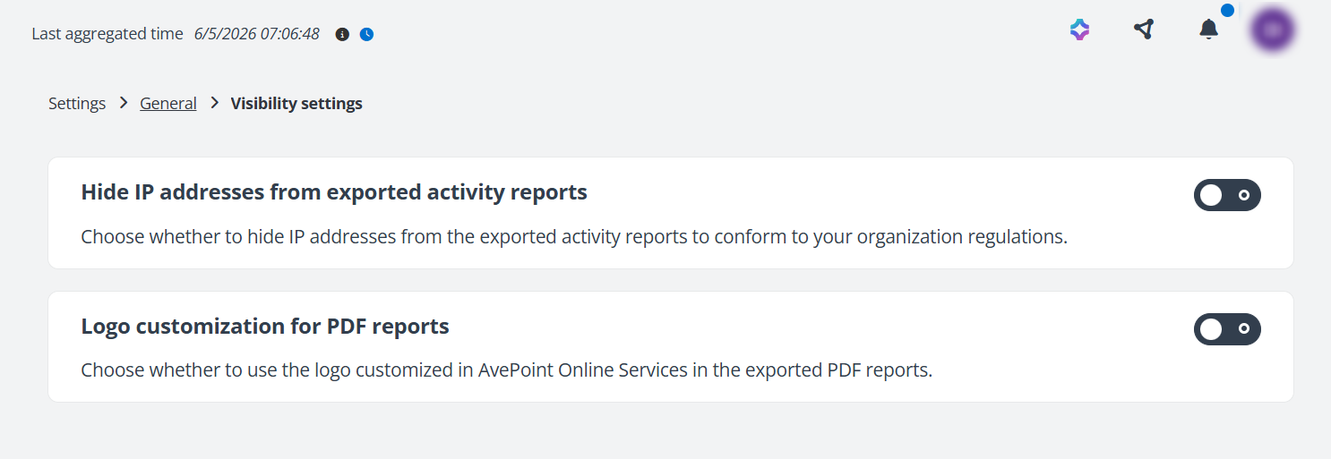 Visibility settings page. Visibility settings page.