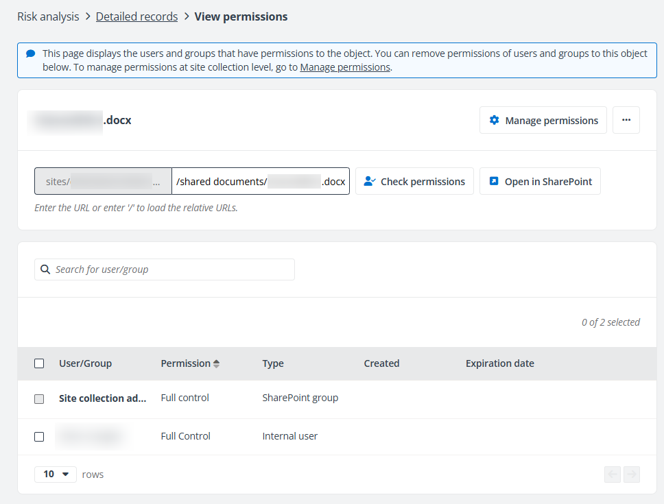 The View permissions page.