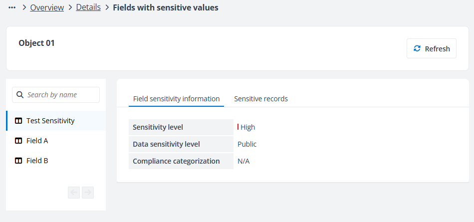 Fields with sensitive values page.