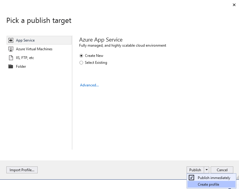 Select the Create profile option.