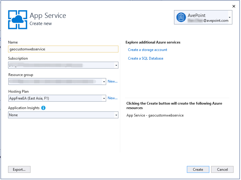 The App Service window.