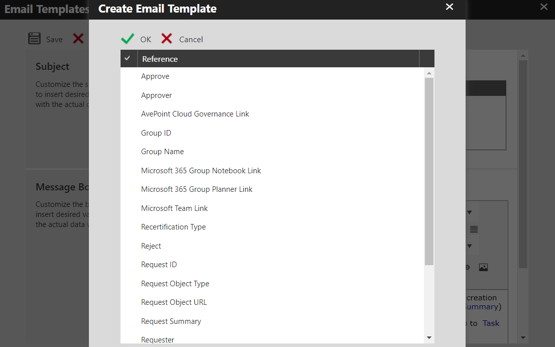 The pop-up window displaying the supported e-mail references.
