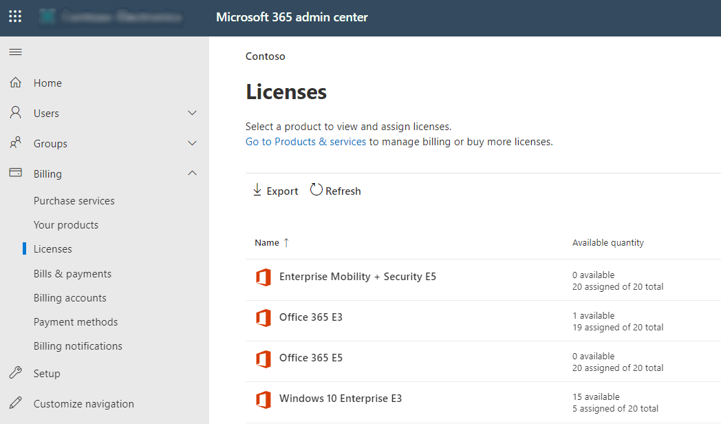 The Licenses page in the Microsoft 365 admin center.