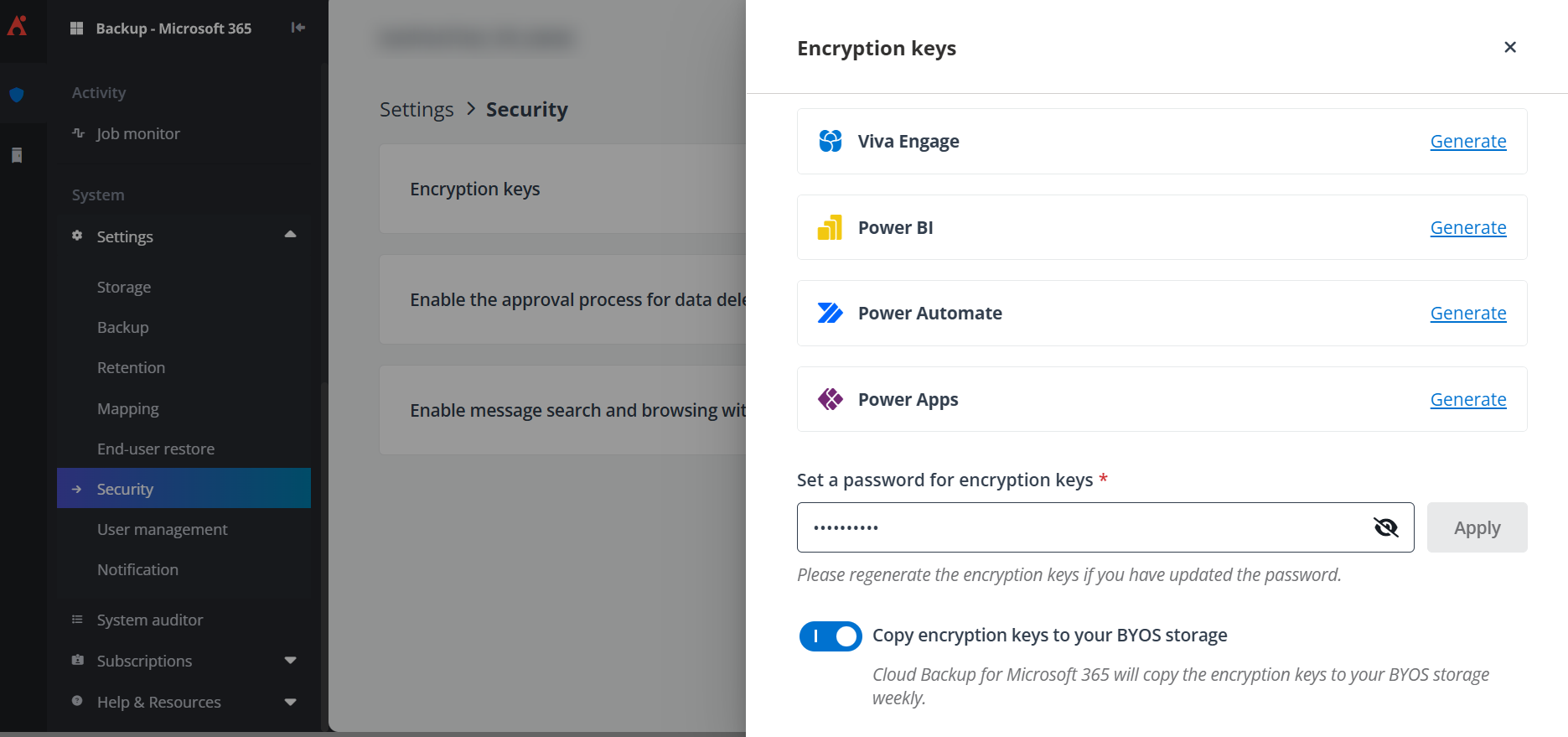 The Encryption Key panel.