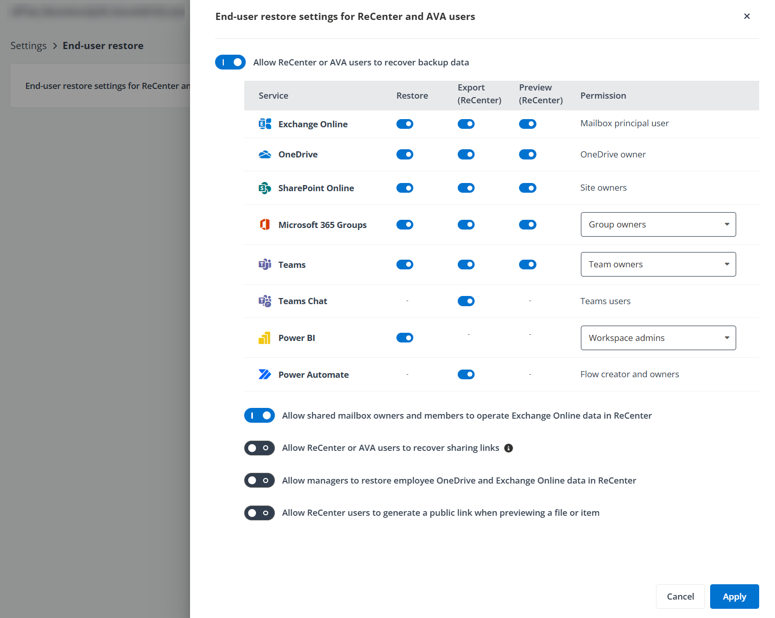 The Settings > End-user restore > End-user restore settings for ReCenter and AVA users page.