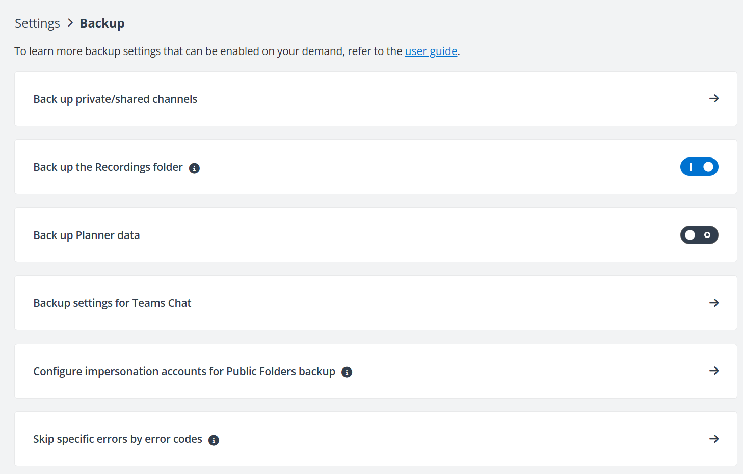 The Settings > Backup. The Settings > Backup.