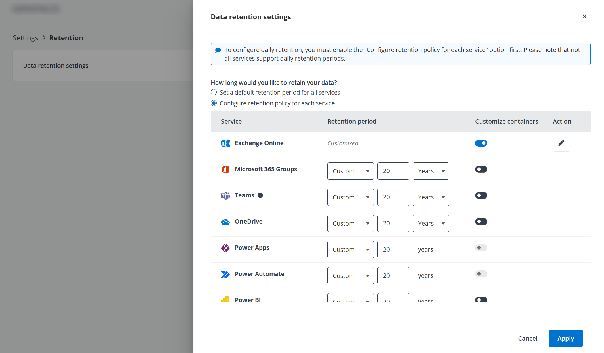 Enable the Configure retention policy for each service. Enable the Configure retention policy for each service.