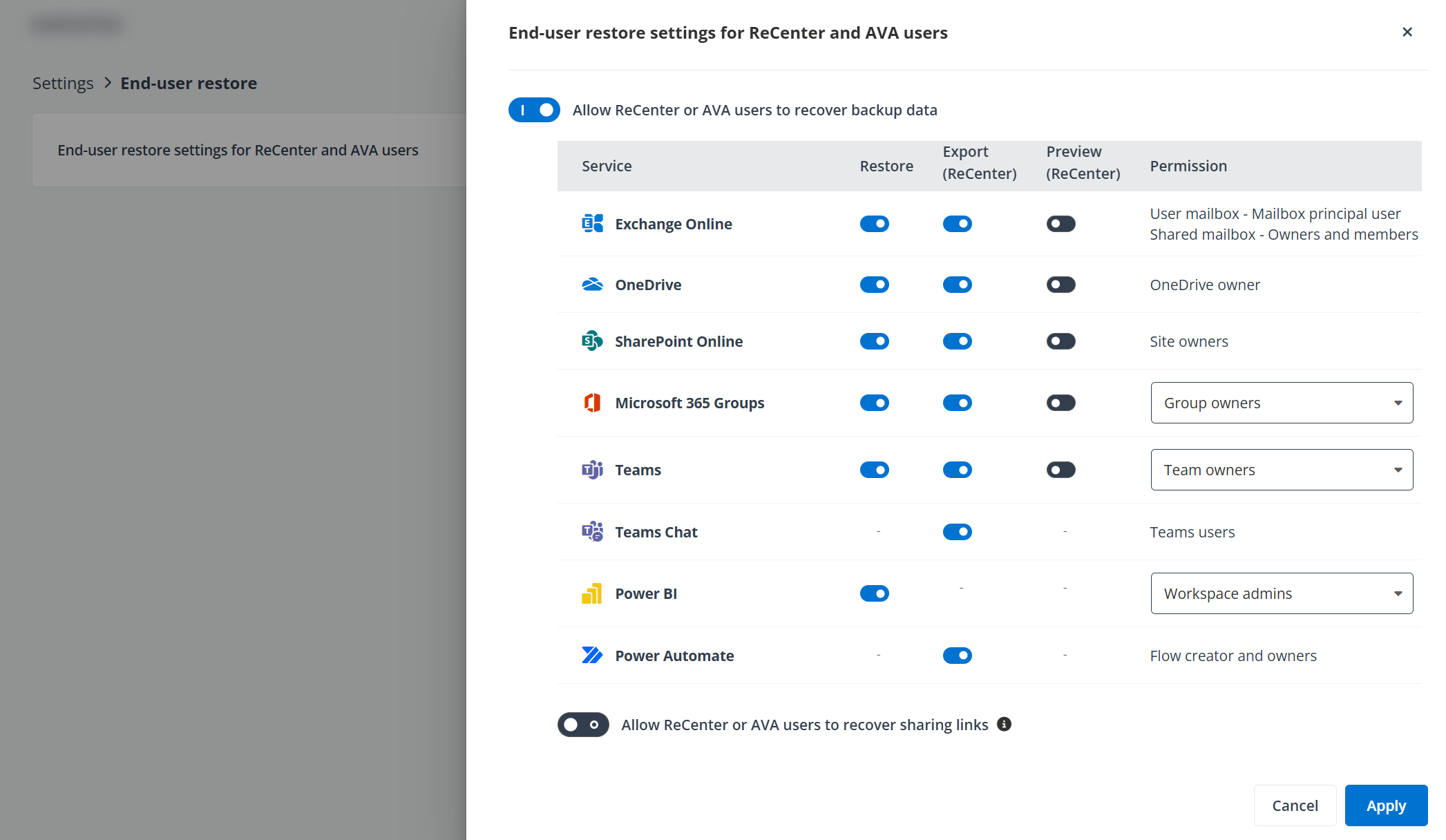 The Settings > End-user restore > End-user restore settings for ReCenter and AVA users page. The Settings > End-user restore > End-user restore settings for ReCenter and AVA users page.