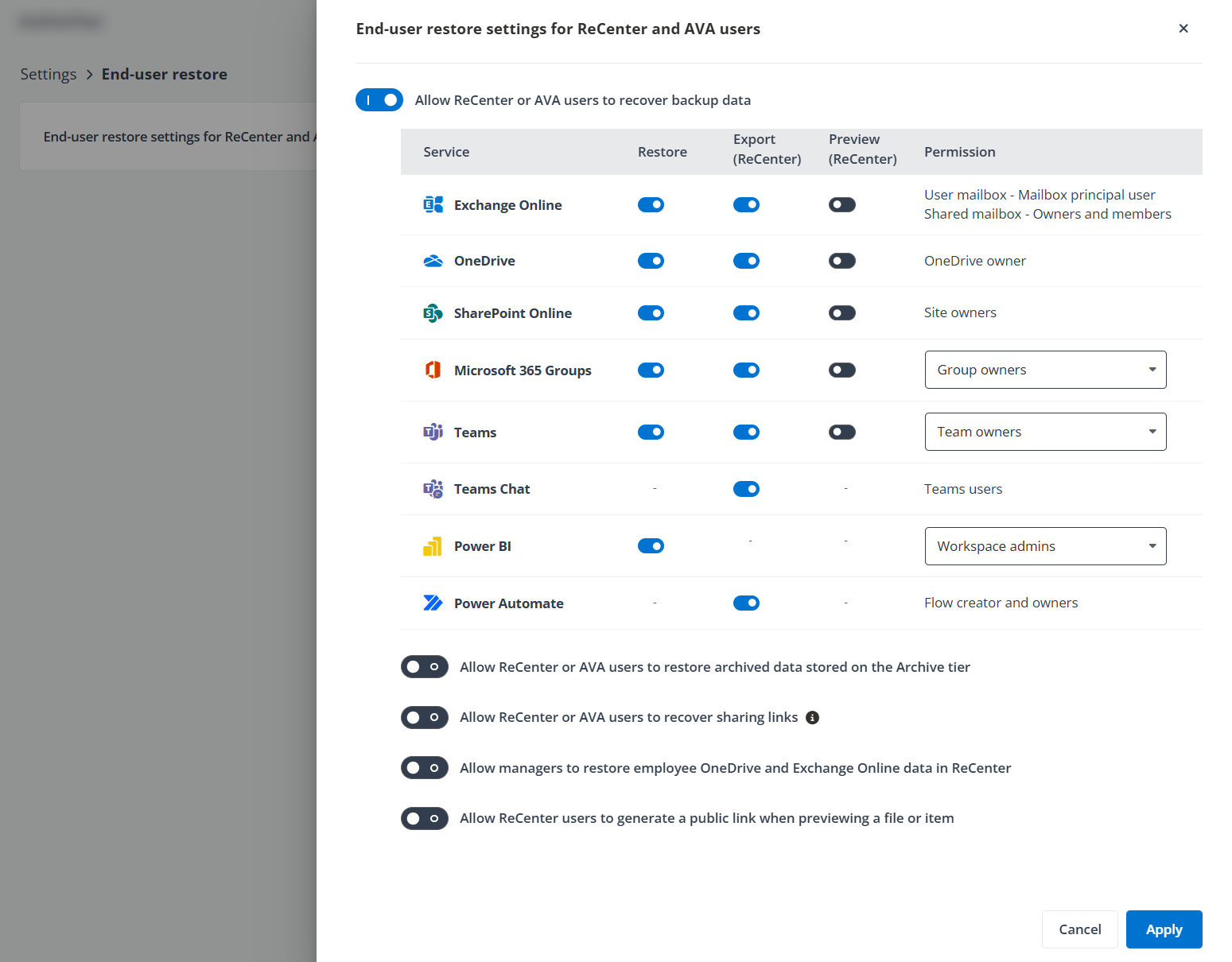 The Settings > End-user restore > End-user restore settings for ReCenter and AVA users page.