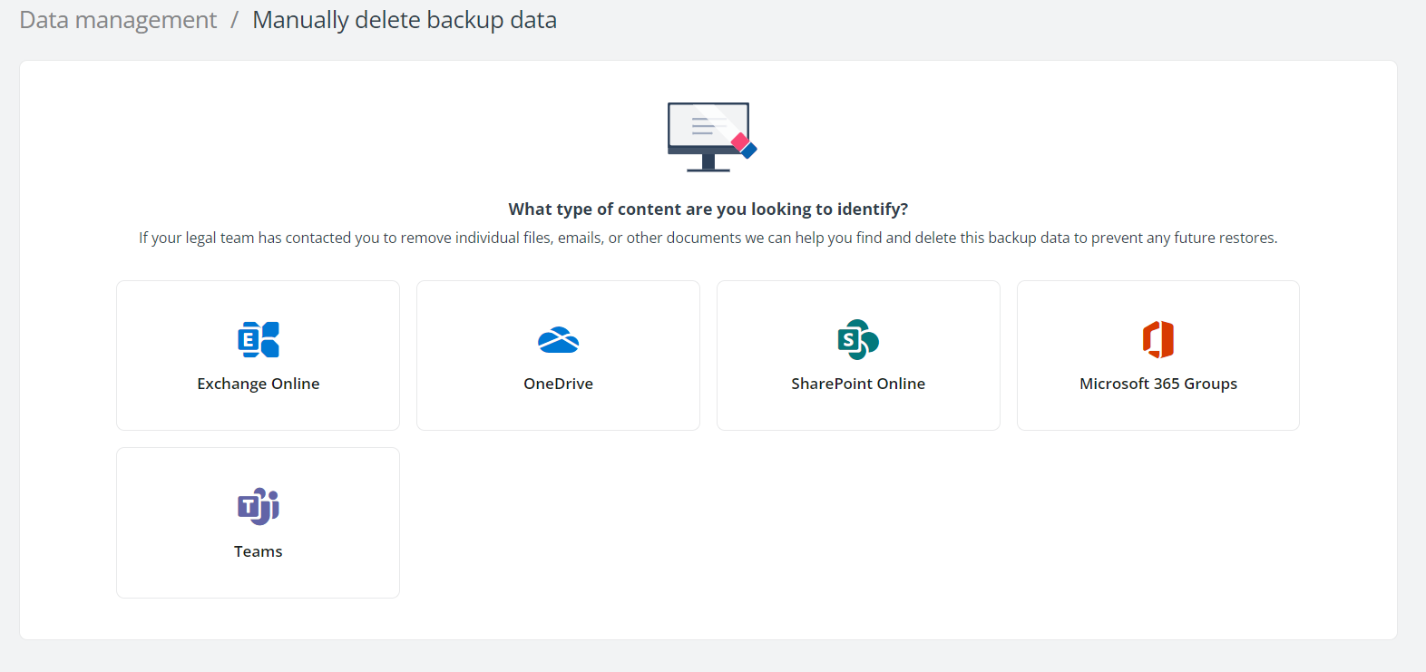The Manually delete backup data page. The Manually delete backup data page.