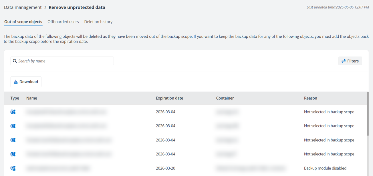 The Out-of-scope objects tab. The Out-of-scope objects tab.