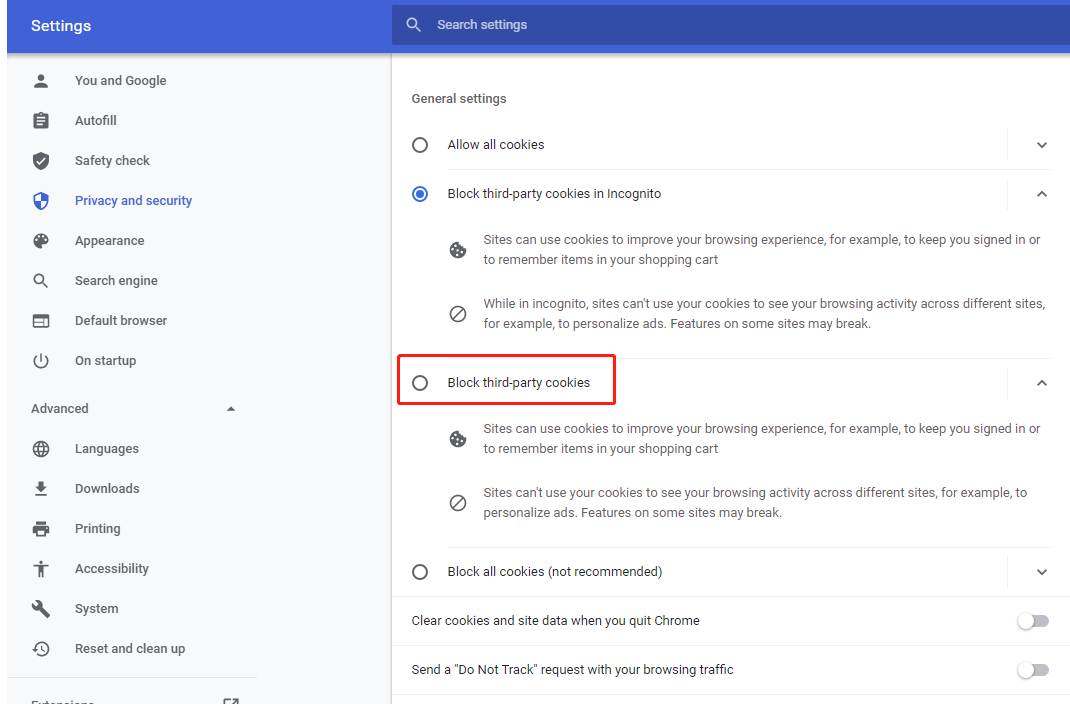 The Privacy and security settings page.