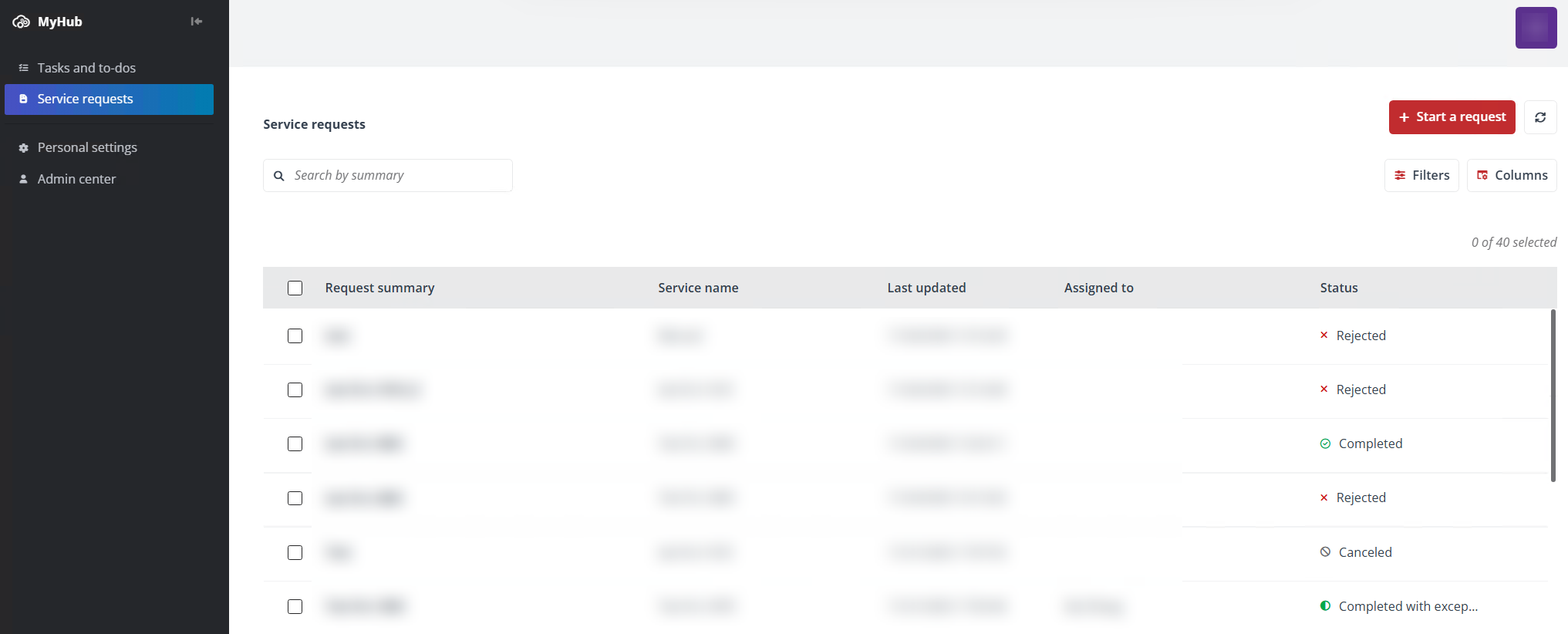 The Service requests page