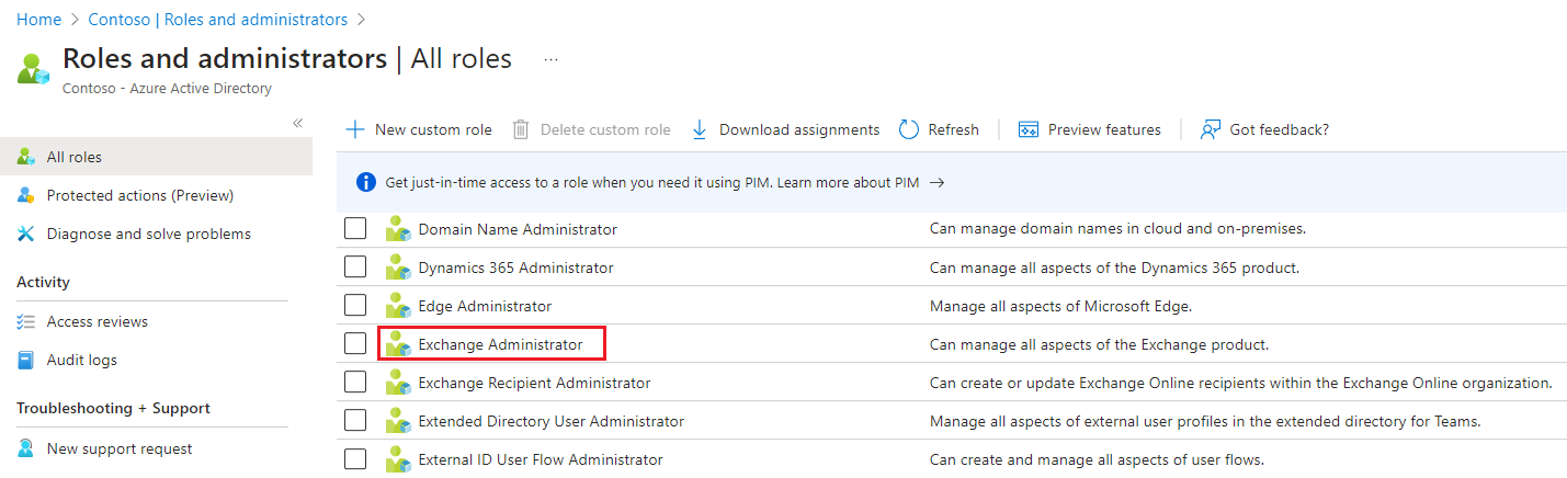Clicking the Exchange Administrator role.