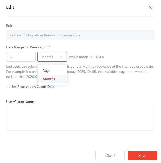 Edit users with short-term reservation permissions