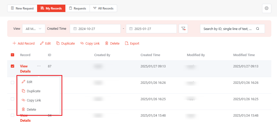 Available actions in the action menu.