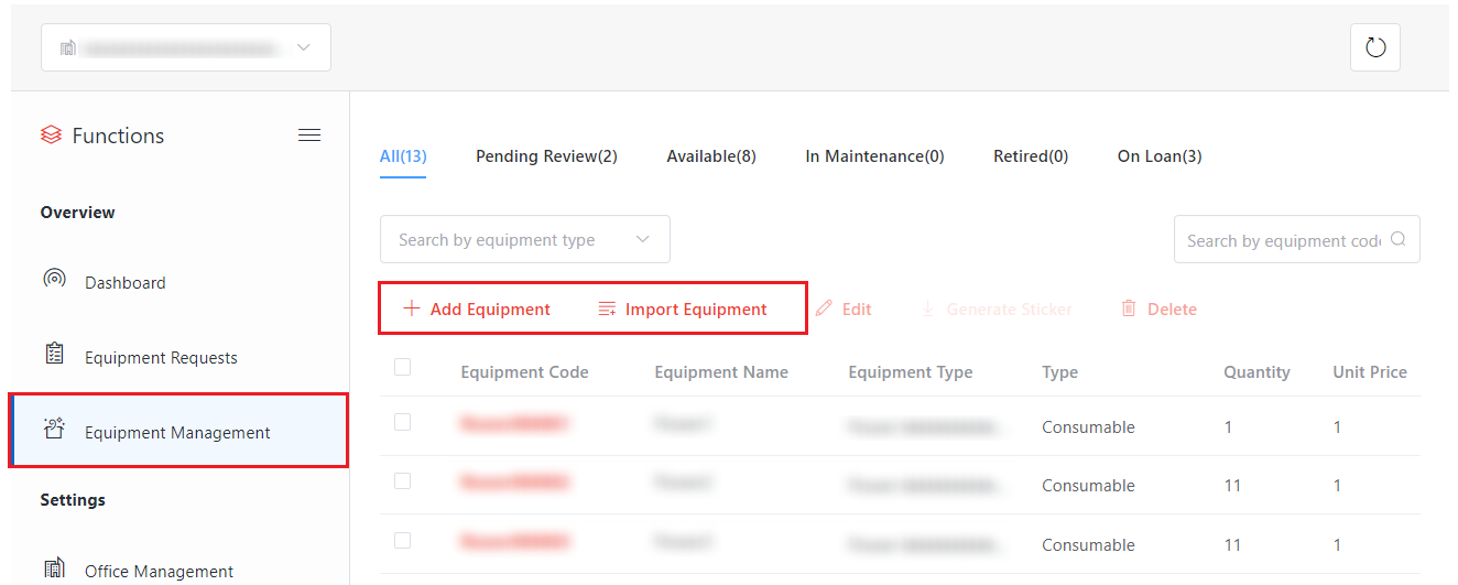 Add Equipment / Import Equipment.