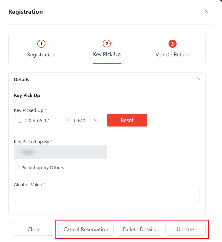 Manage Key Pick Up stage information during Vehicle Return.