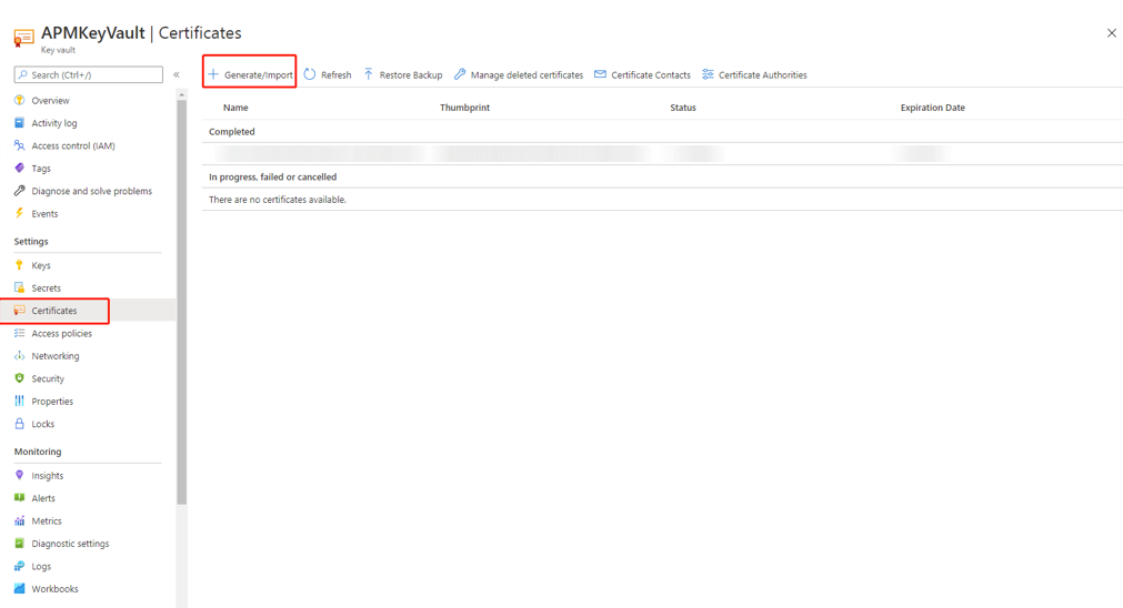 b. Select Certificates > Generate/Import