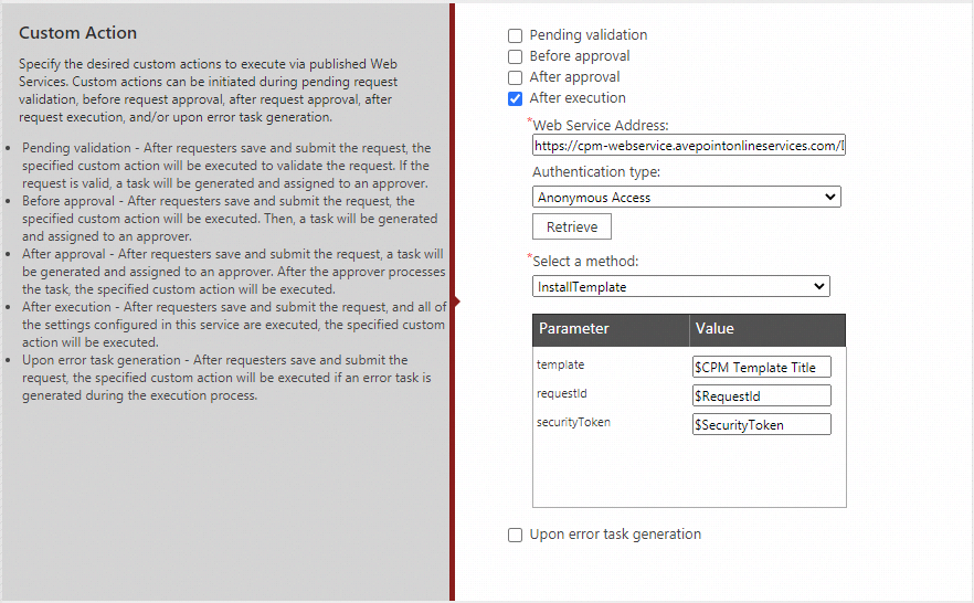 The Custom Action section