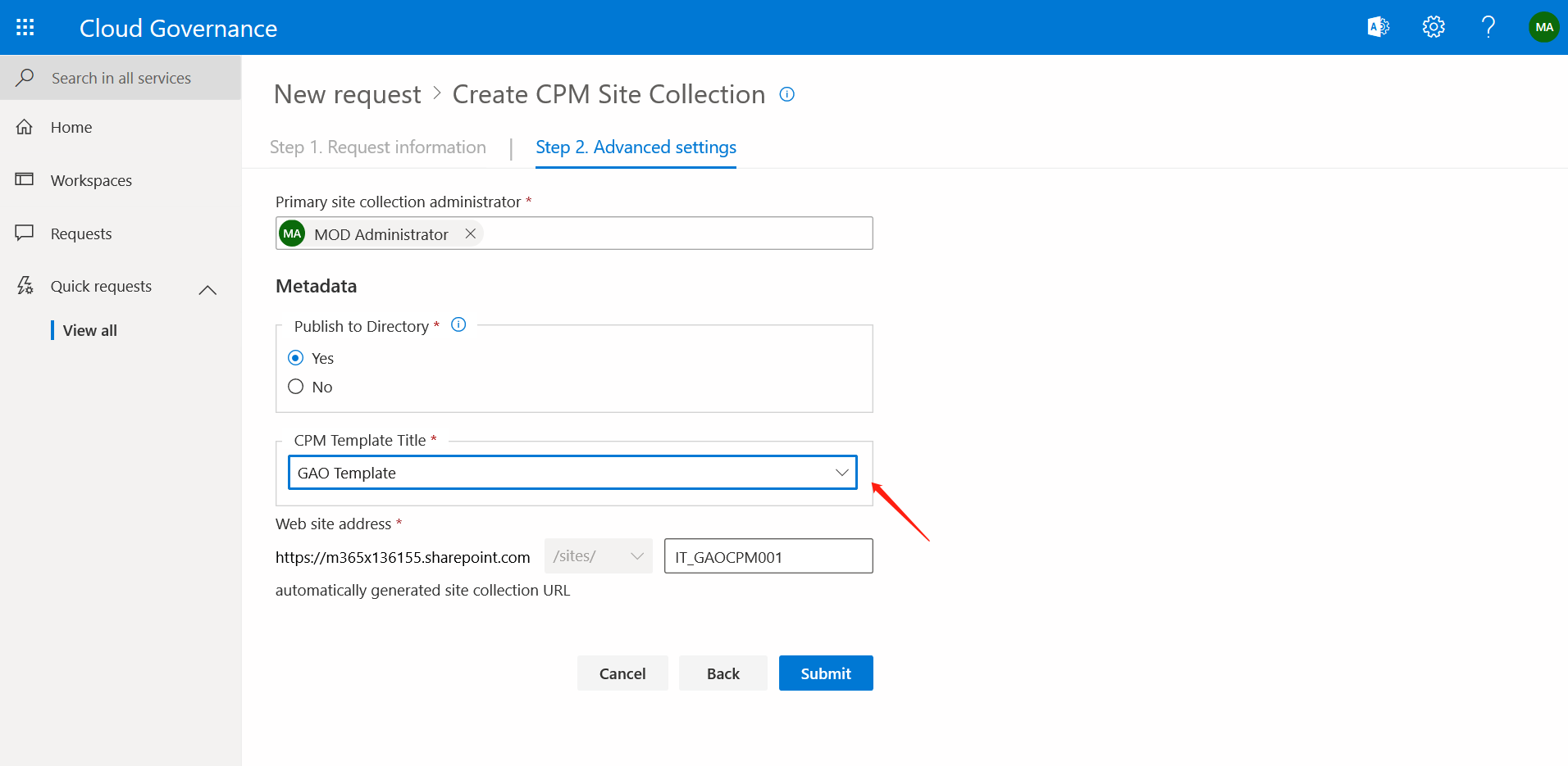 Choose a Cloud Portal Manager template to be deployed