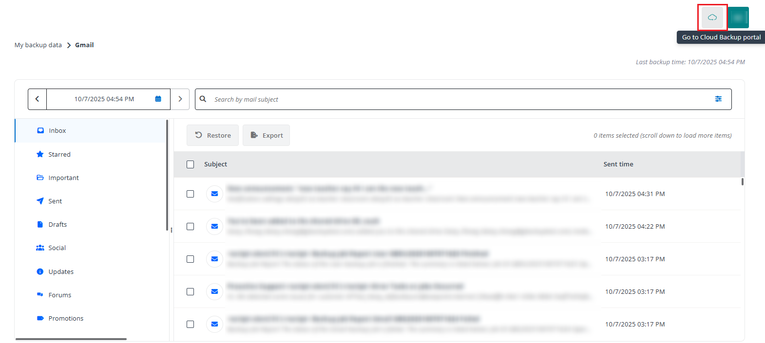 Clicking the button to go to the Cloud Backup portal. Clicking the button to go to the Cloud Backup portal.