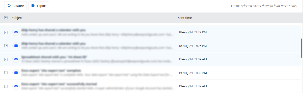 Clicking the Restore or the Export button. Clicking the Restore or the Export button.