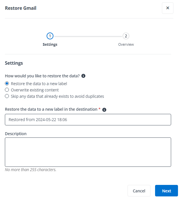 The Restore Gmail pane. The Restore Gmail pane.