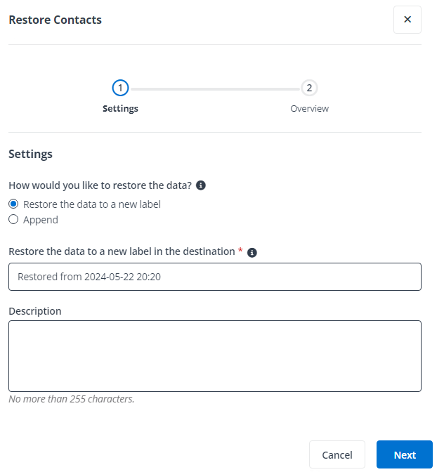 The Restore Contacts pane. The Restore Contacts pane.
