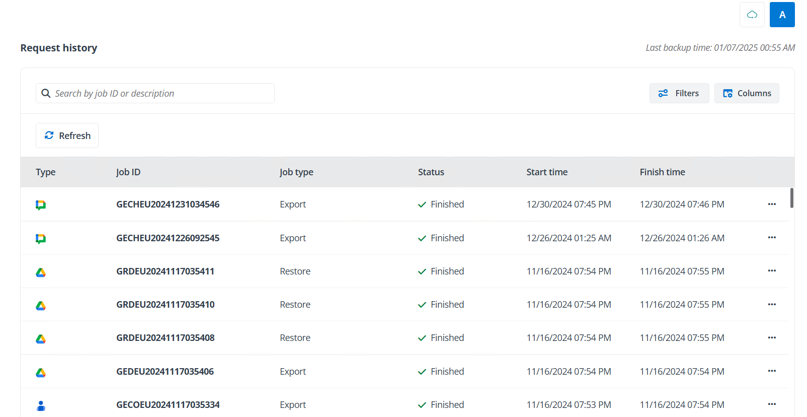 The Request history page. The Request history page.