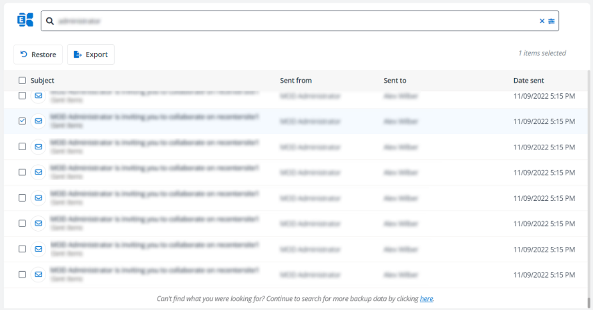 The table lists the search results. The table lists the search results.