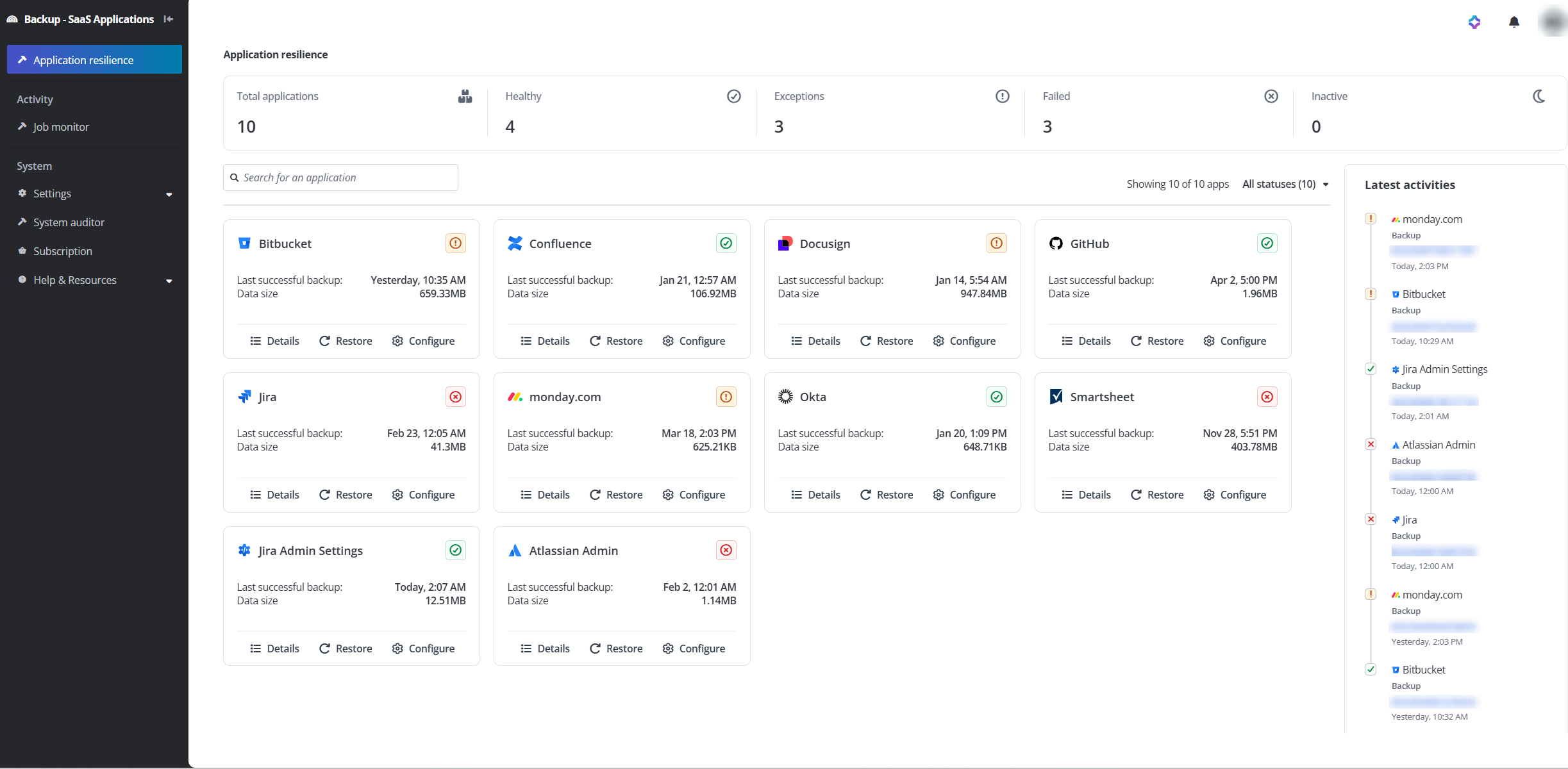 The Application resilience page.