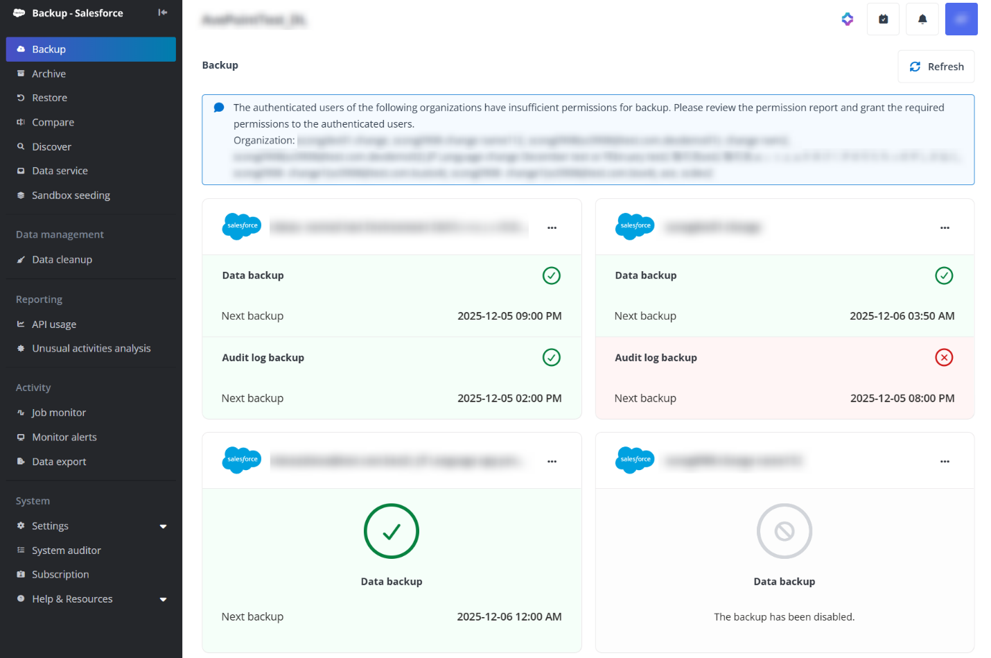 AvePoint Cloud Backup for Salesforce® interface.