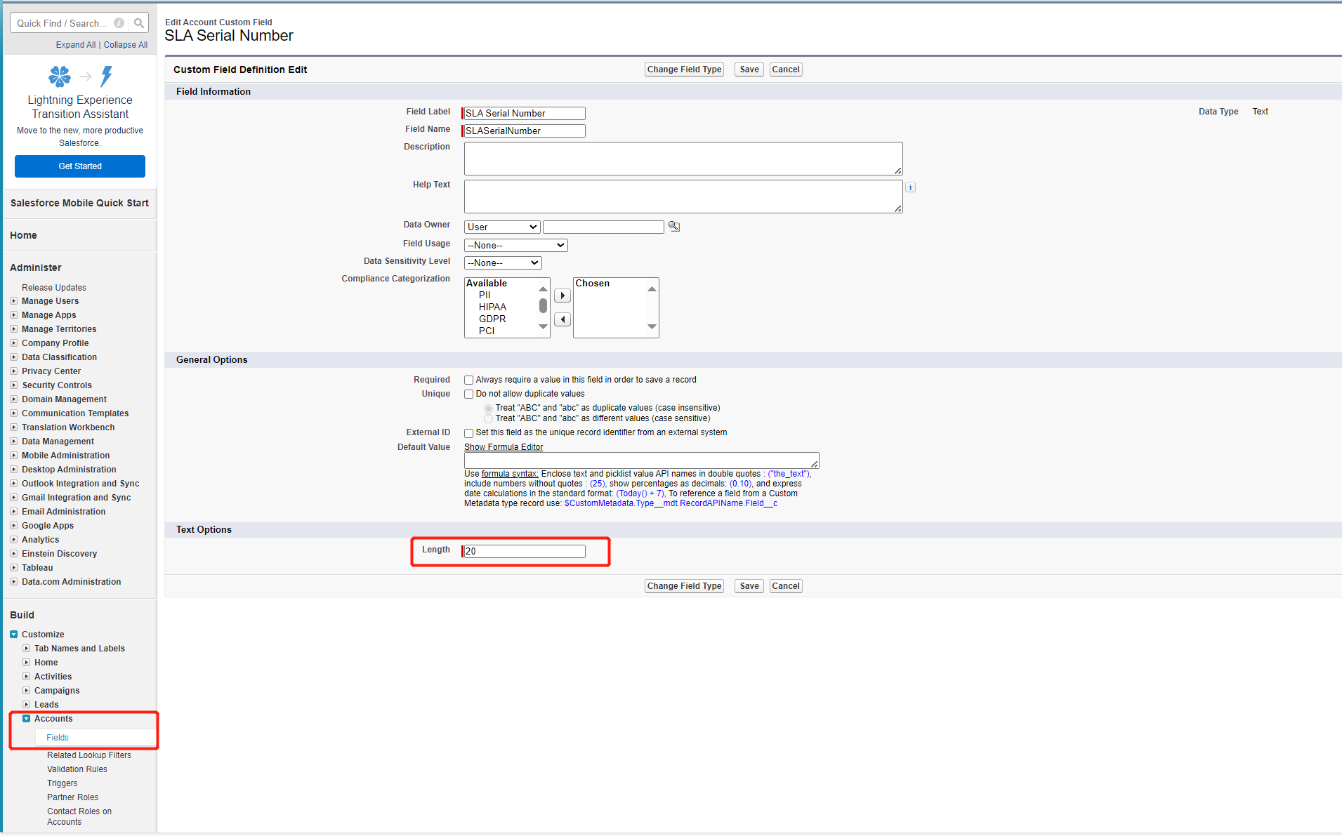 Modify field length.