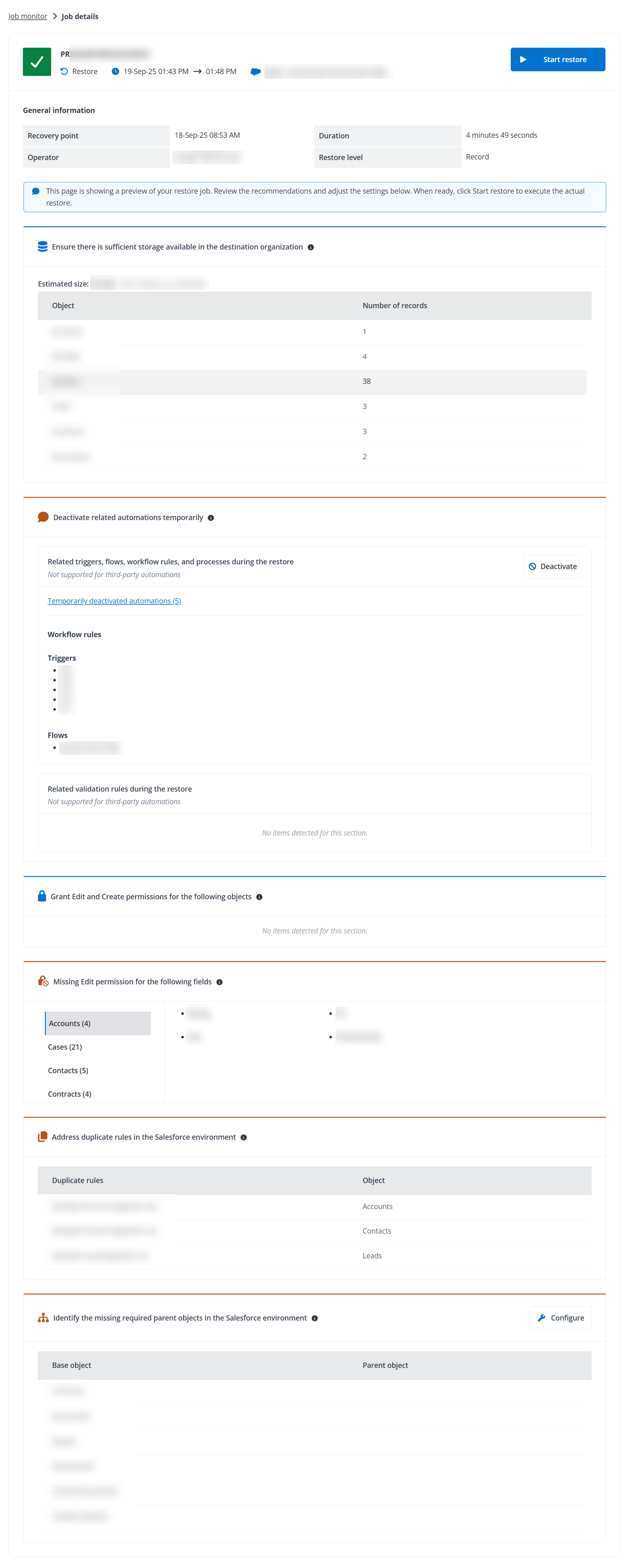 The pre-restore job details page.