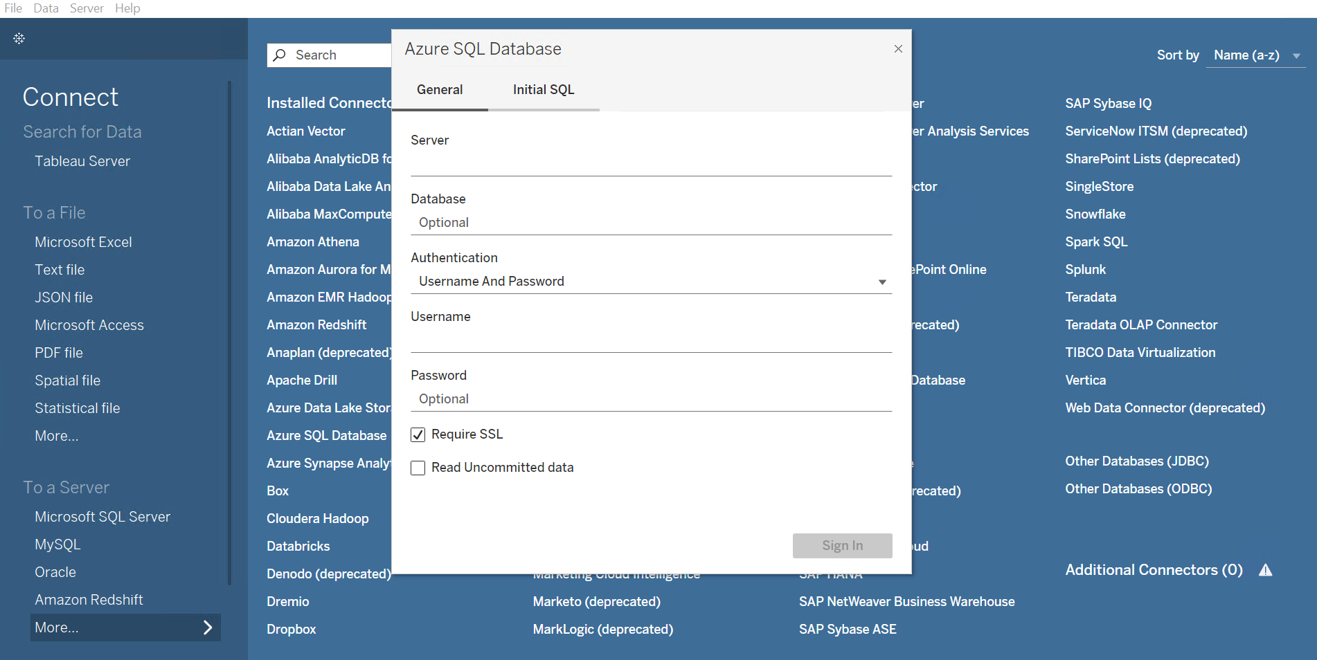 Azure SQL Database window.