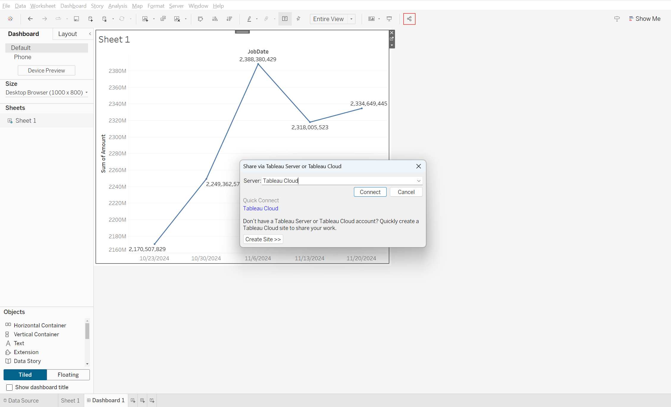 Publish the dashboard to Tableau Cloud. 