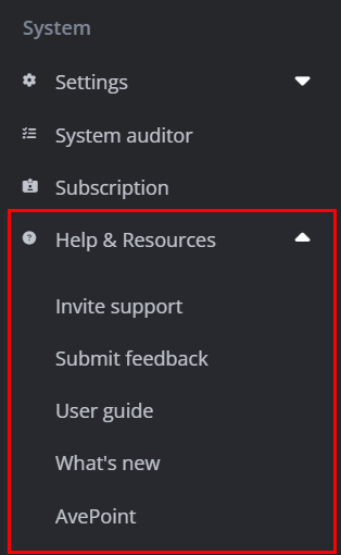 The Help & Resources list.