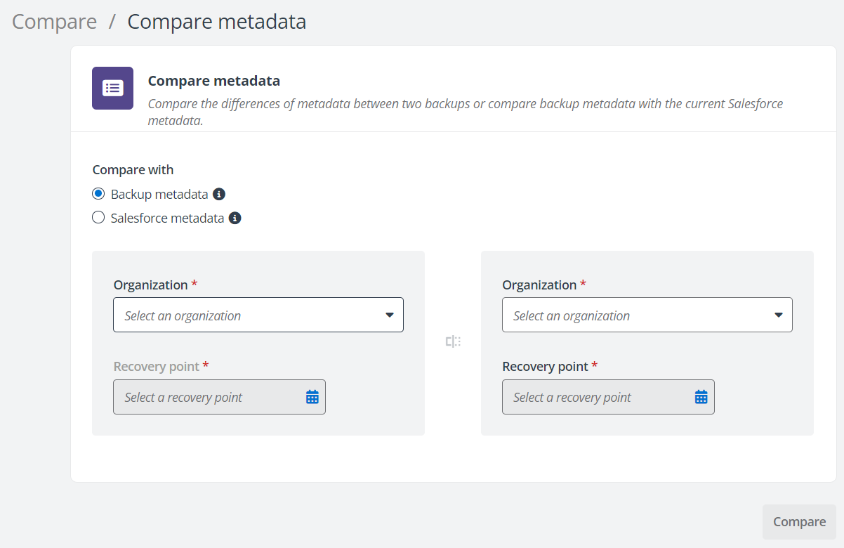 The Compare metadata page. The Compare metadata page.