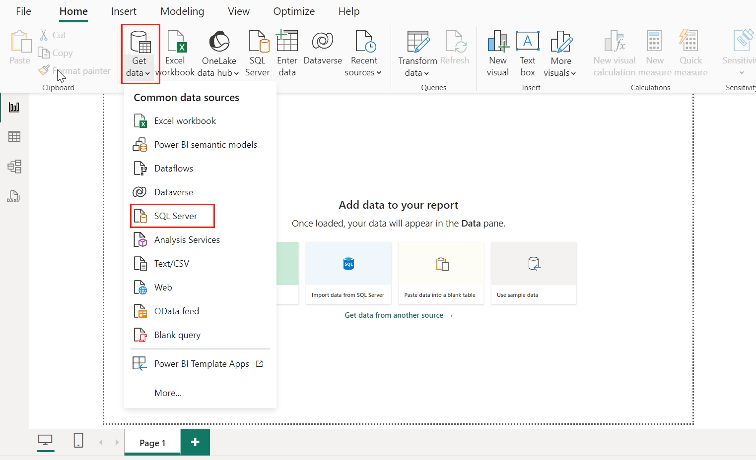 Get Data > SQL Server. Get Data > SQL Server.