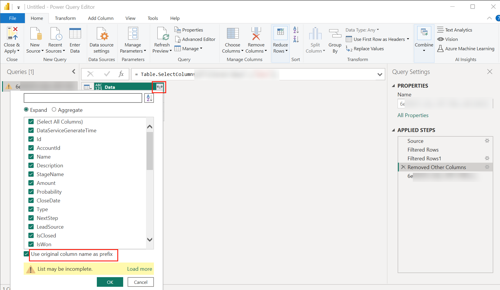 The Expand icon and the Use original column name as prefix option. The Expand icon and the Use original column name as prefix option.