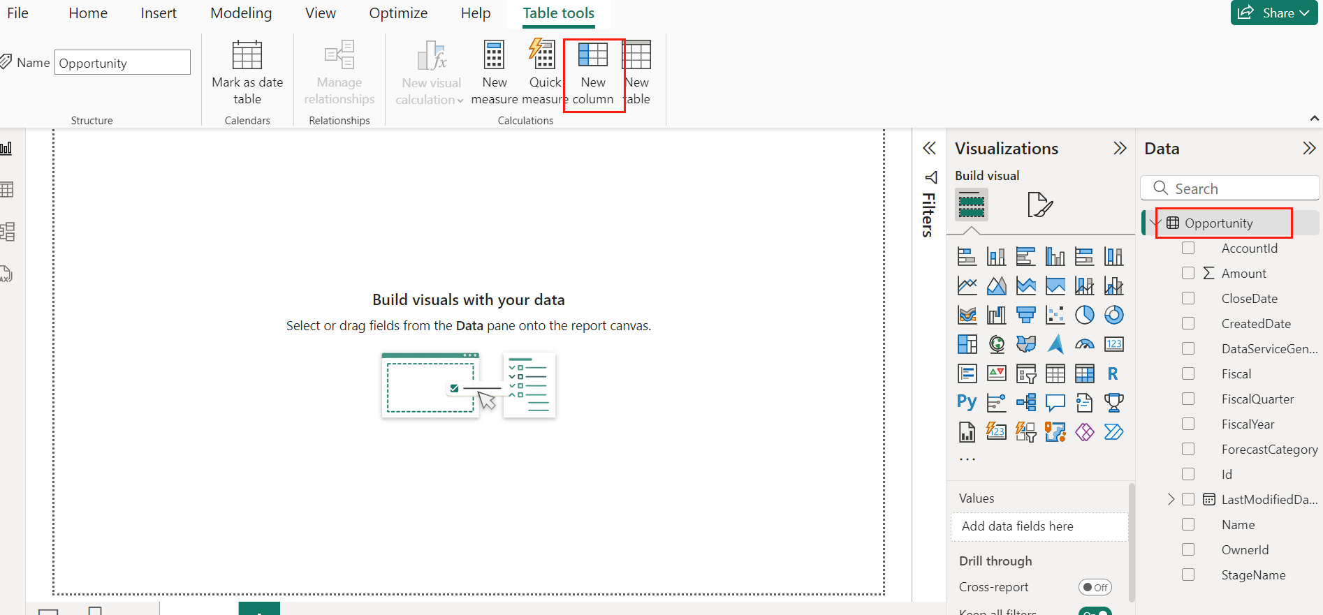 The Opportunity table and the New column button. The Opportunity table and the New column button.