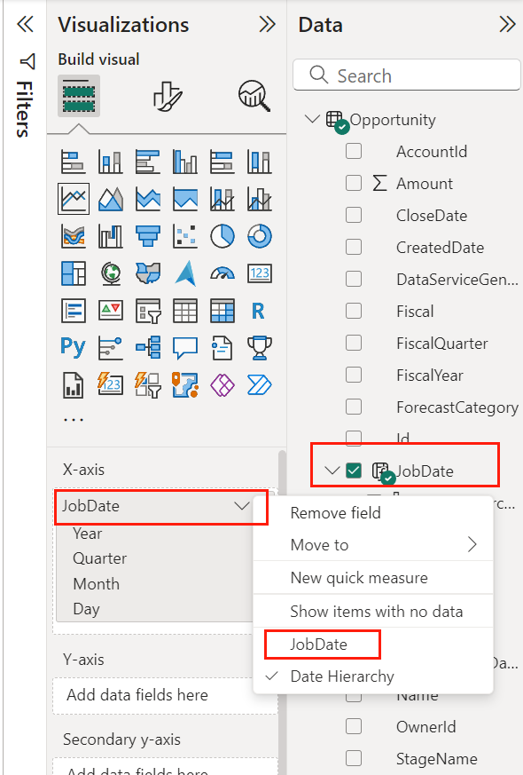 Add JobDate to the X-axis field. Add JobDate to the X-axis field.