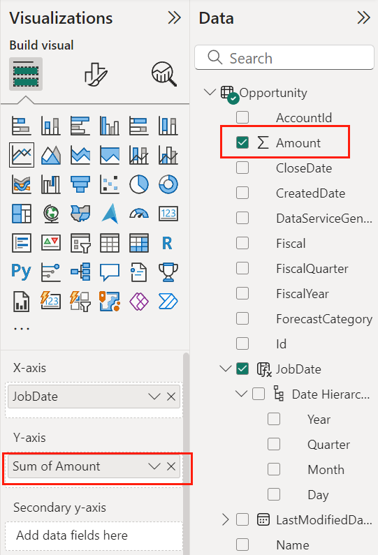 Add Amount to the Y-axis field. Add Amount to the Y-axis field.