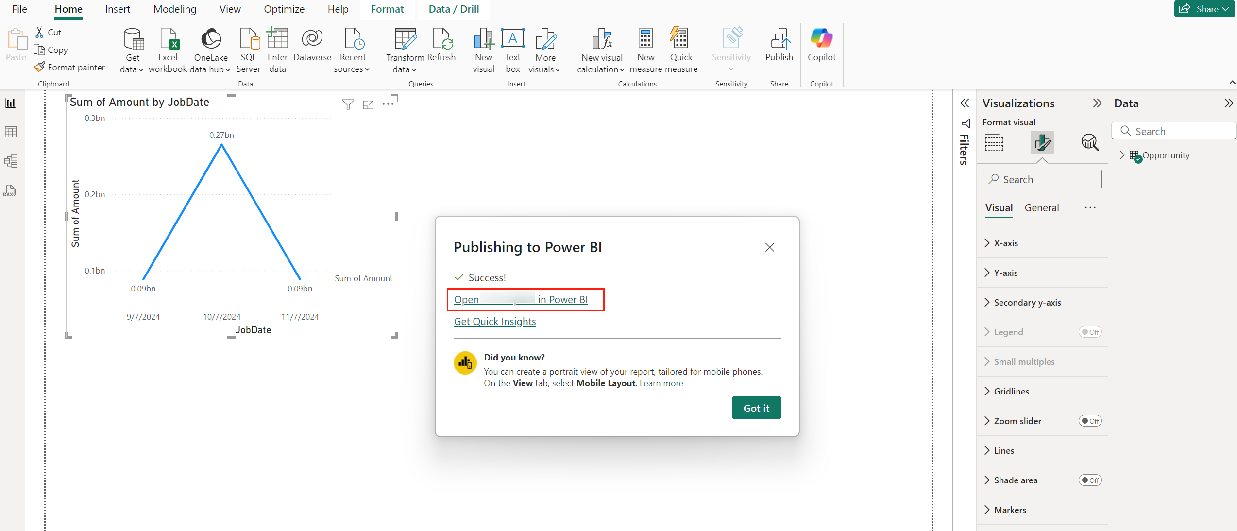 Open the report in Power BI. Open the report in Power BI.