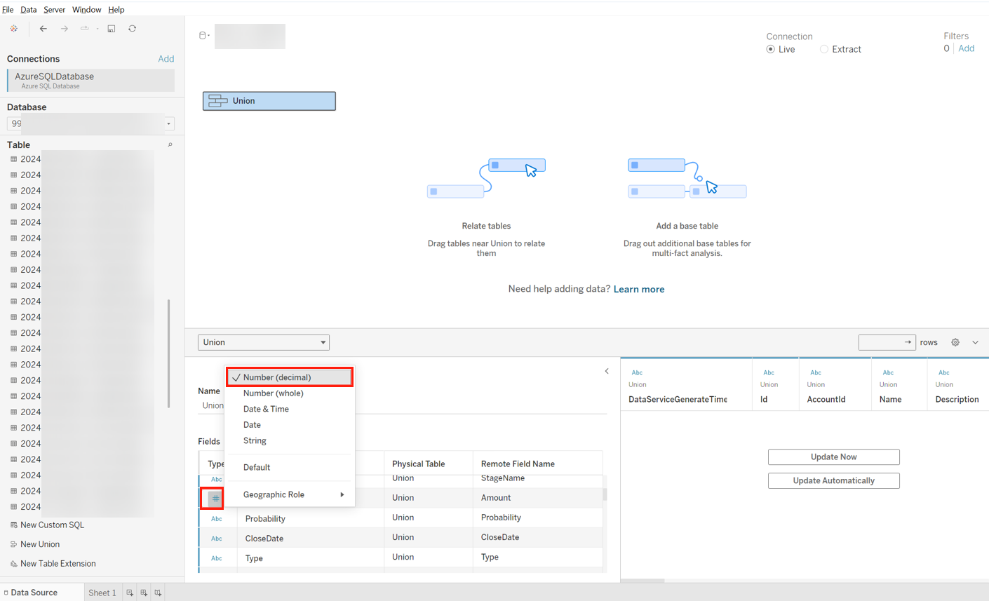 Change Amount type to Number (decimal). Change Amount type to Number (decimal).