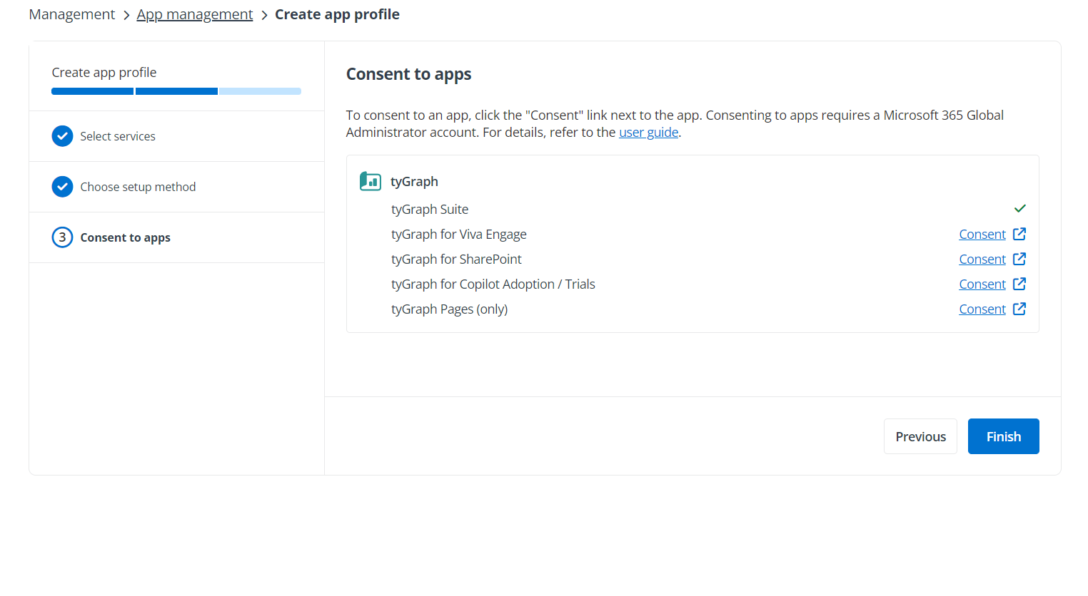 The Consent to apps page in the modern mode.