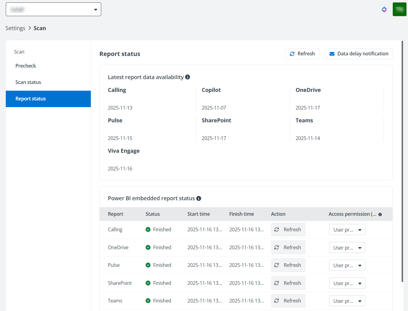 The Report status page.
