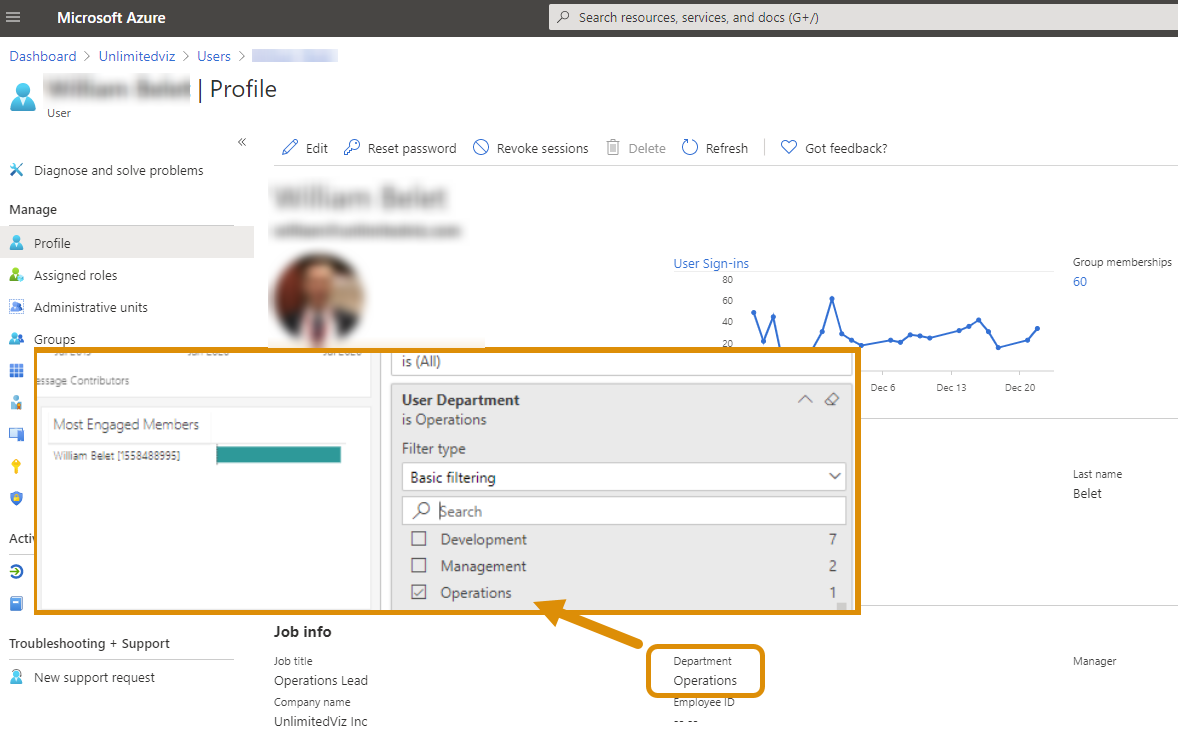 Example of Microsoft Azure user profile attributes displayed in tyGraph Example of Microsoft Azure user profile attributes displayed in tyGraph