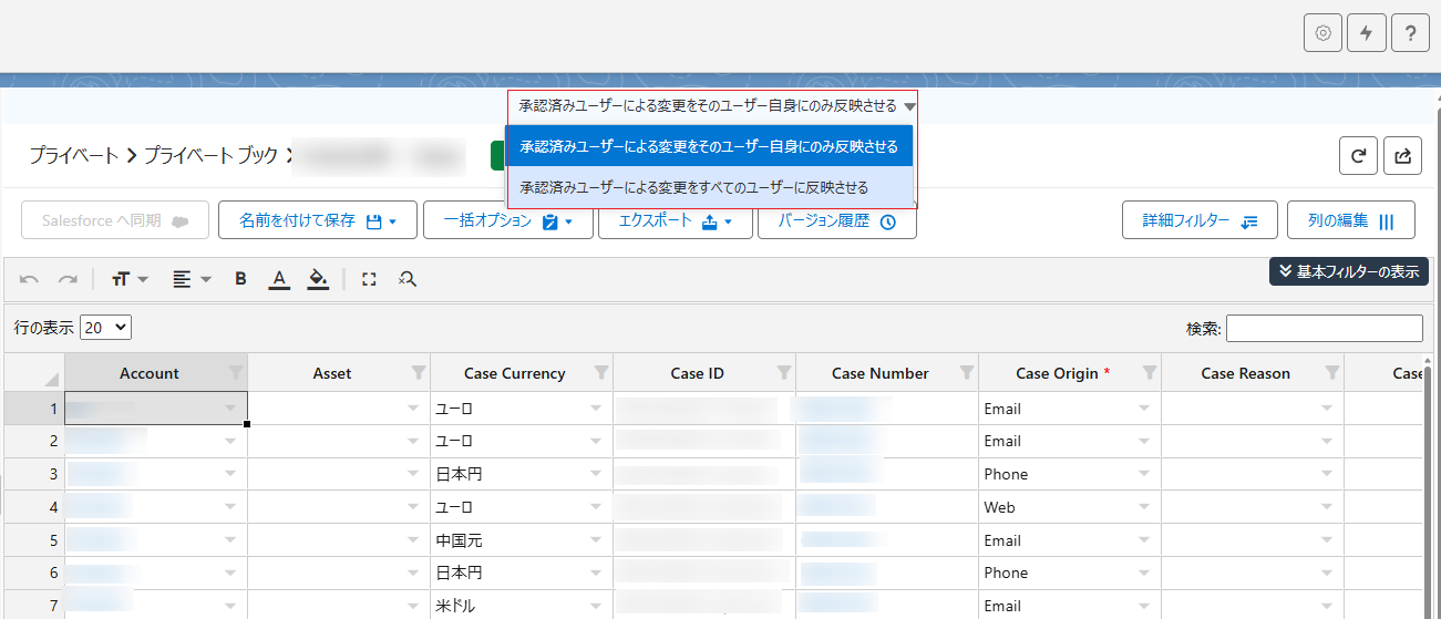 Salesforce アプリでのオプション